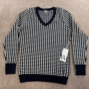 Worthington Womens Navy White Grid V-Neck Knit Sweater‎ Long Sleeve Size M NEW